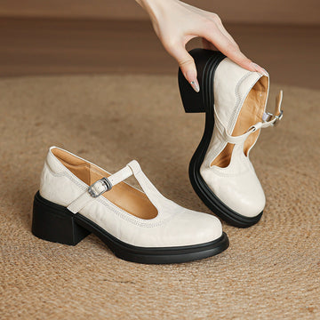 Retro Sheepskin Leather Round Toe One Straped Chunky Shoes