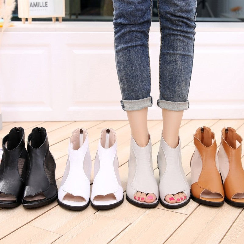 Women's Genuine Leather Mesh Chunky Heel Peep-Toe Booties