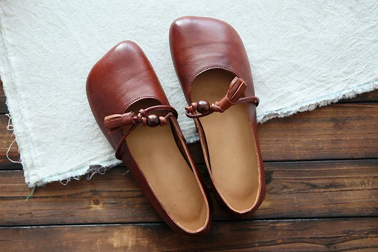Summer Retro Leather Shallow Closed Toe Fringe Flat Shoes