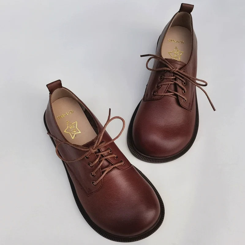 Spring Vintage Casual Leather Round Toe Lace Up Flats