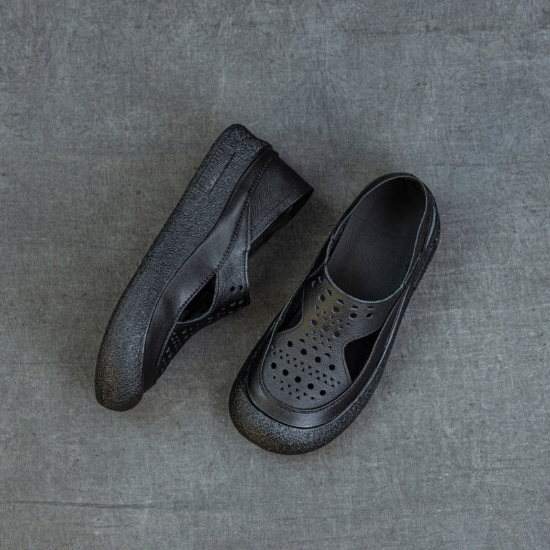 Summer Casual Leather No Slip Hollow Platform Slip On Shoes