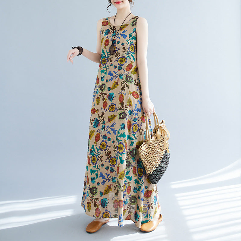 Women Summer Cotton Linen Round Neck Sleeveless Dress