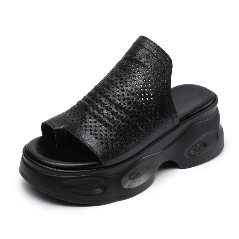 Summer Retro Genuine Leather Platform Hollow Toe Post Sandals