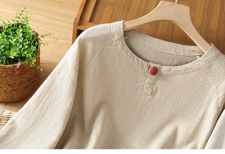 Retro Cotton Linen Round Neck Casual Lantern Sleeve Shirt