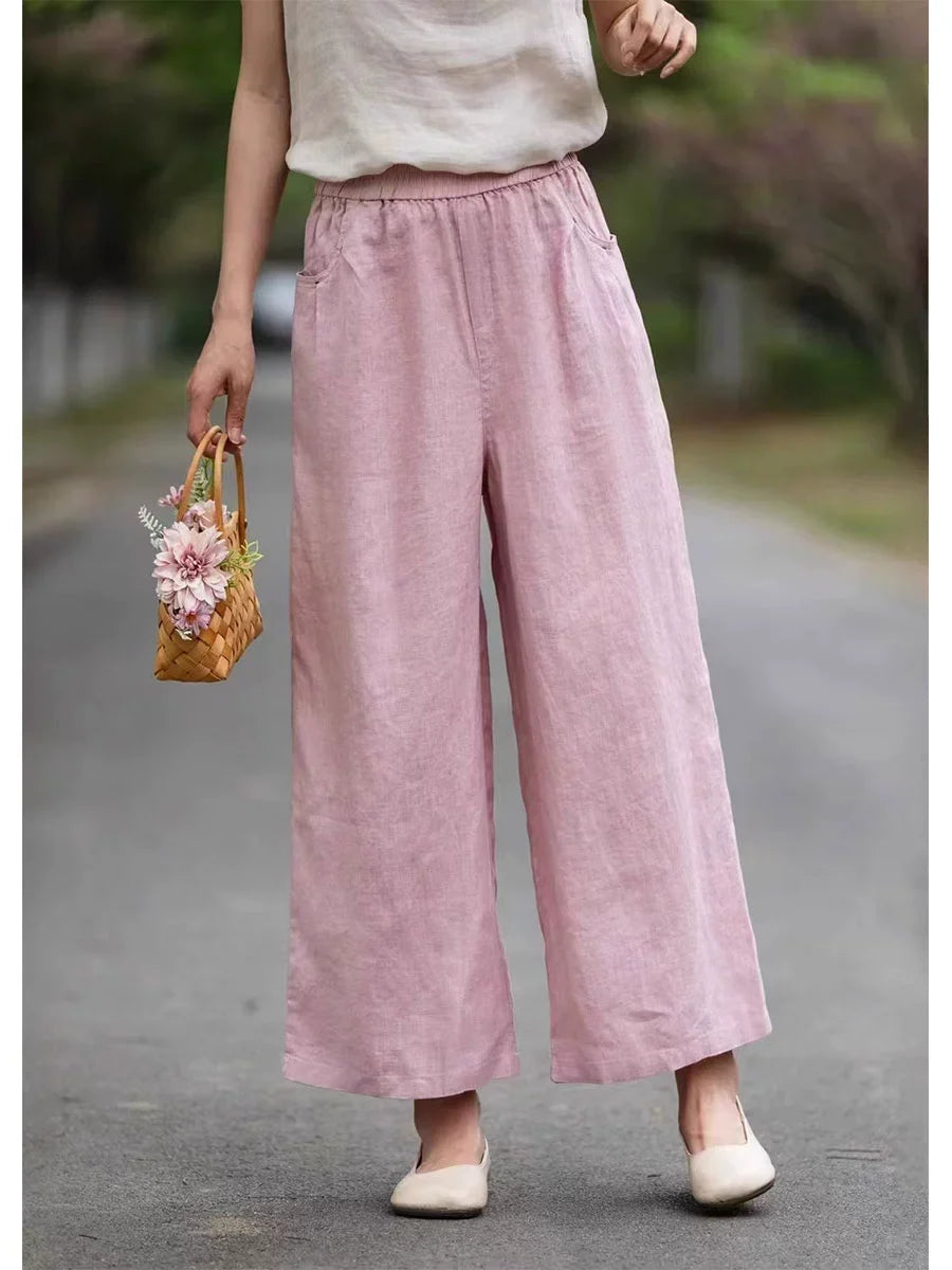 Summer Linen High Elastic Waist Loose Versatile Solid Color Pants