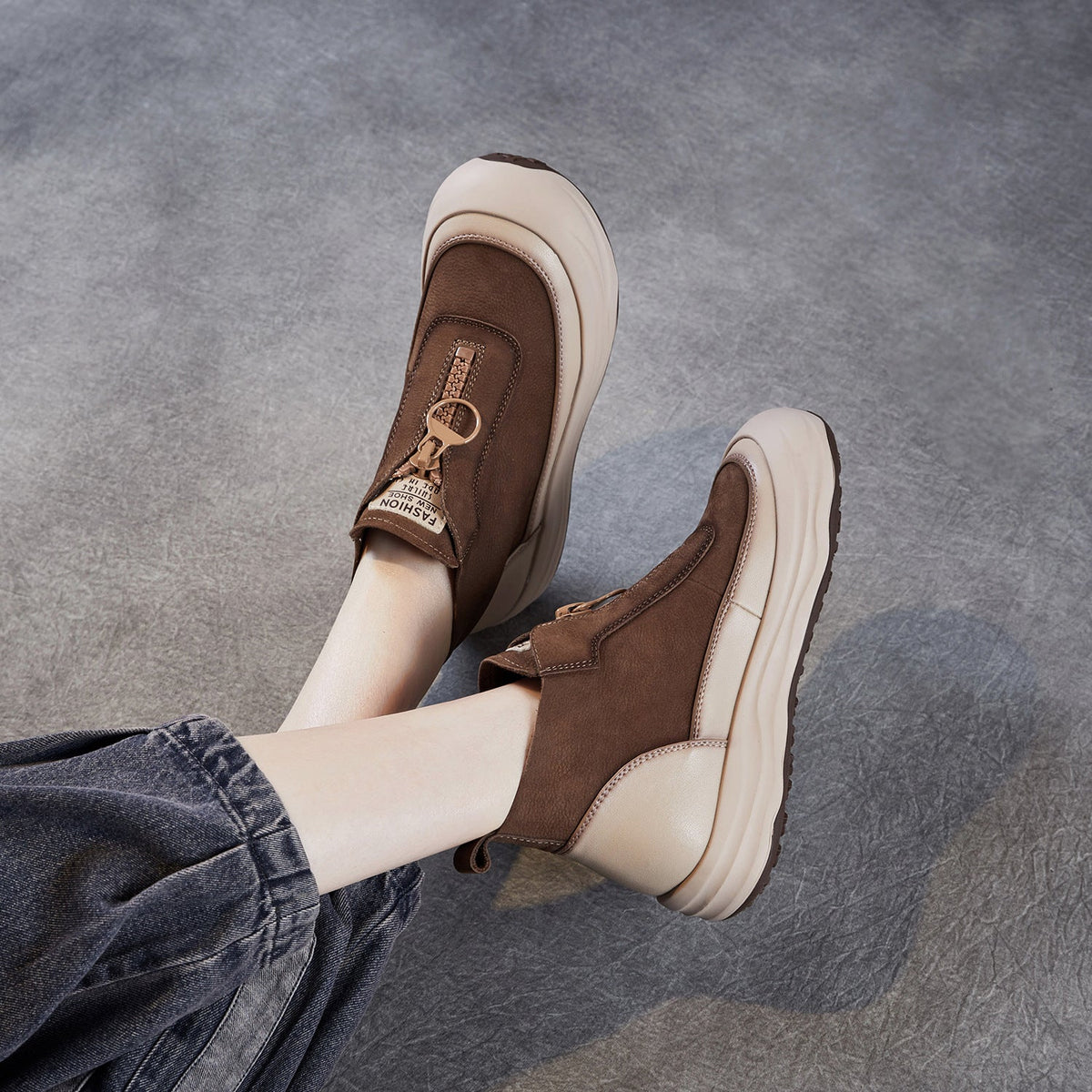 Women Autumn Leather Casual Platform Front Zipper Shoes
