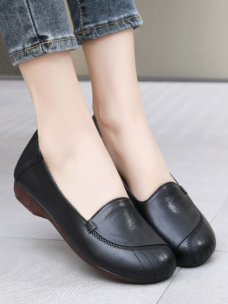 Summer Retro Top Leather Super Soft Sole  Shallow Slip-On Shoes