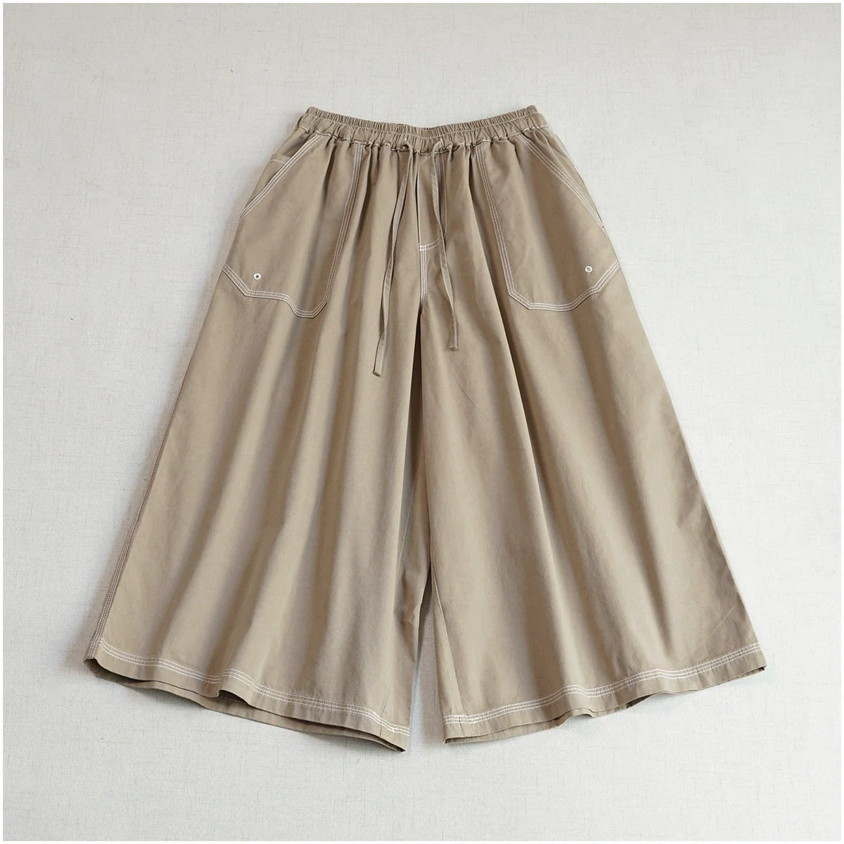 Retro Cotton Versatile Loose Elastic Waist Lace-Up Pockets Pants