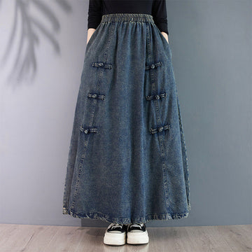 Vintage Elastic Waist Buttoned Denim A-Line Skirt
