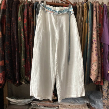 Summer Retro White Linen Embroidered Loose Tassel Pants