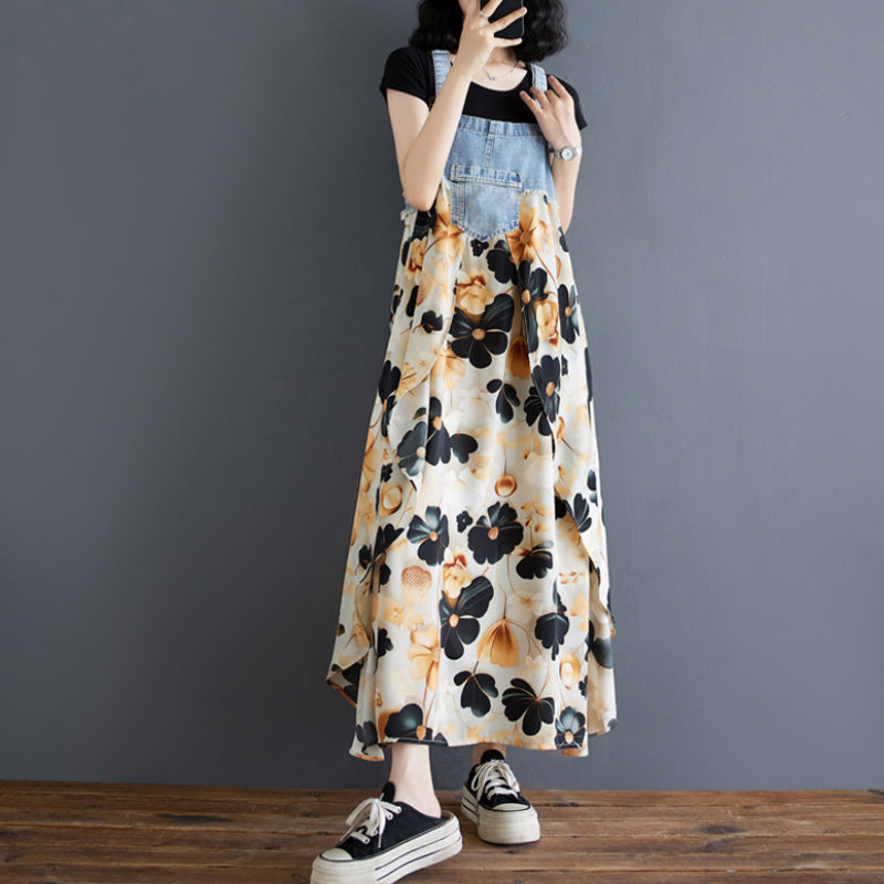 Women's Floral Spaghetti Strap Denim Patchwork Maxi Dress