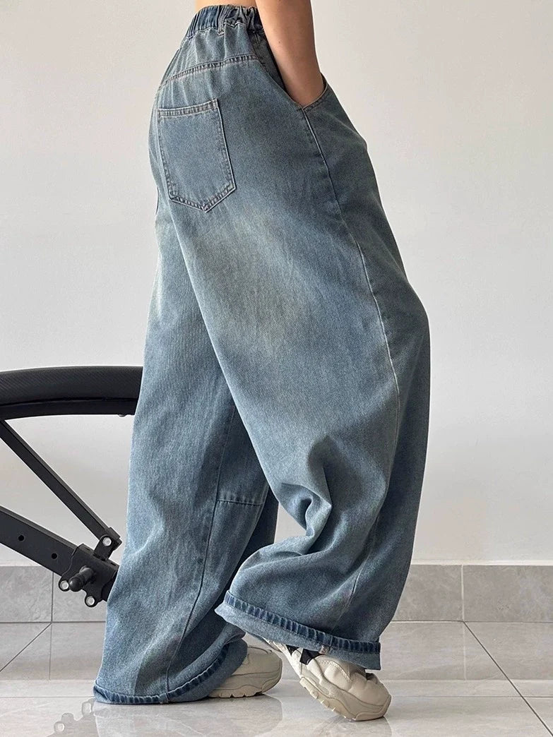 Women Retro Denim Washed Blue Loose Elastic Waist Jeans