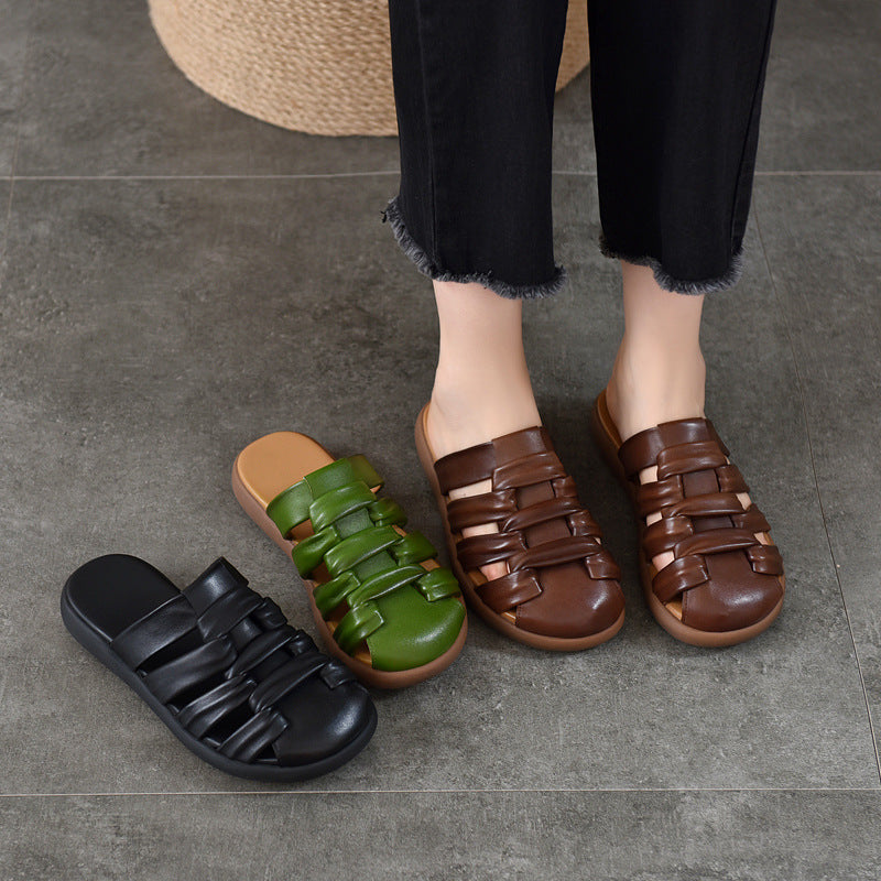 Summer Retro Leather Closed Toe Cut Out Soft Flat Slippers
