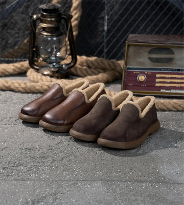 Retro Top Leather Round Toe Warm Fleece-In Soft Shoes