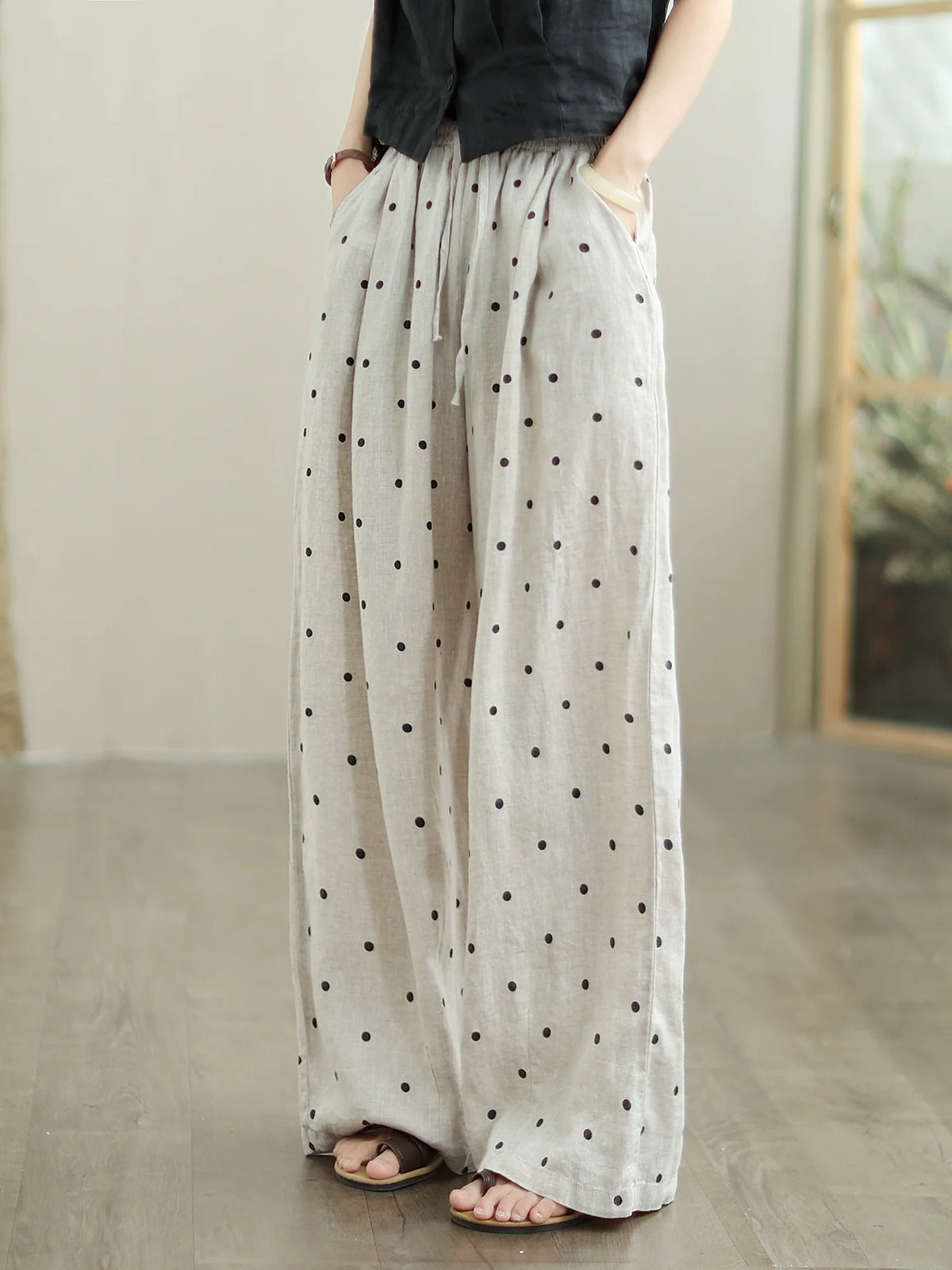 Babakud Women Fashionable Linen Polka Dots Versatile Pants