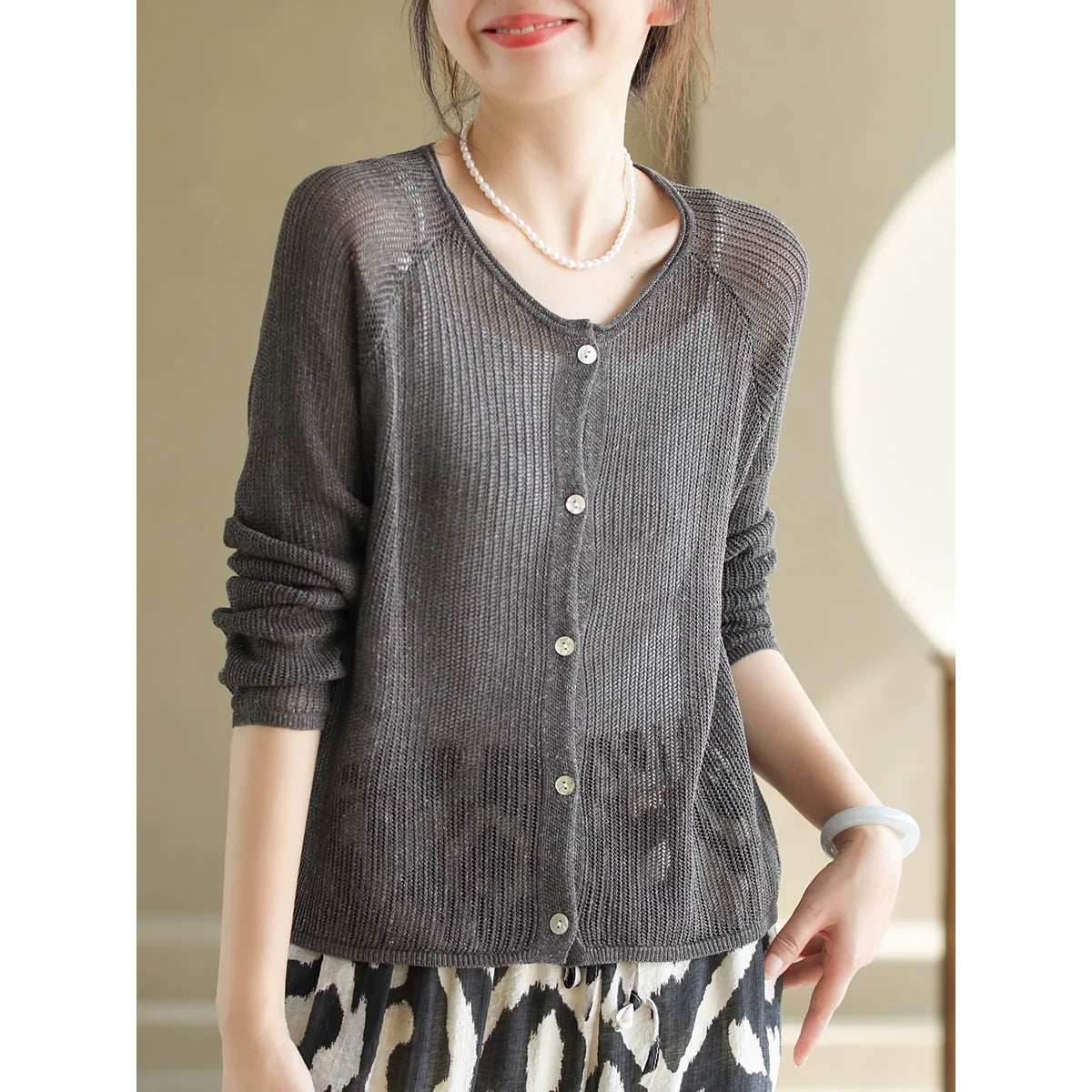 Women Autumn Linen Woven Round Neck Cardigans