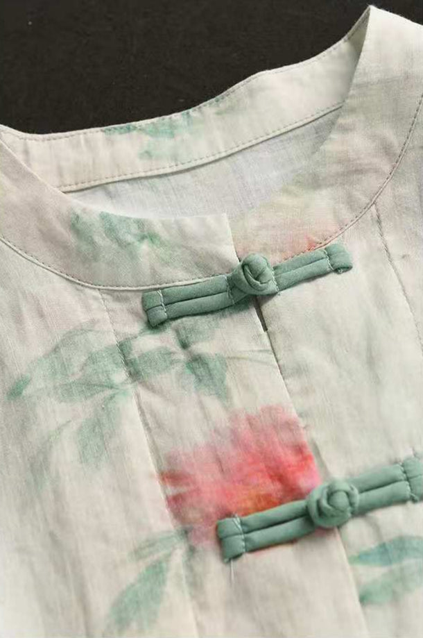 Ladies Vintage Printed Ramie Shirt Chinese Style Elegant Jacket