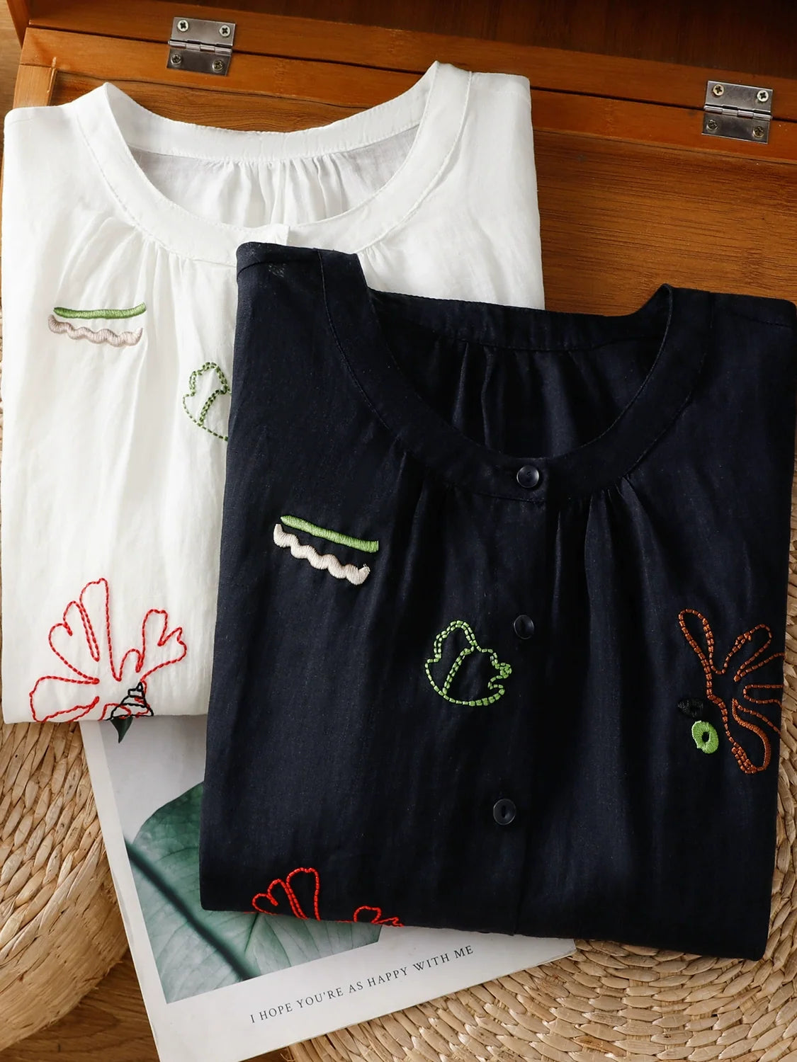 Retro Ramie Round Neck Casual Loose Thin Embroidered Shirt