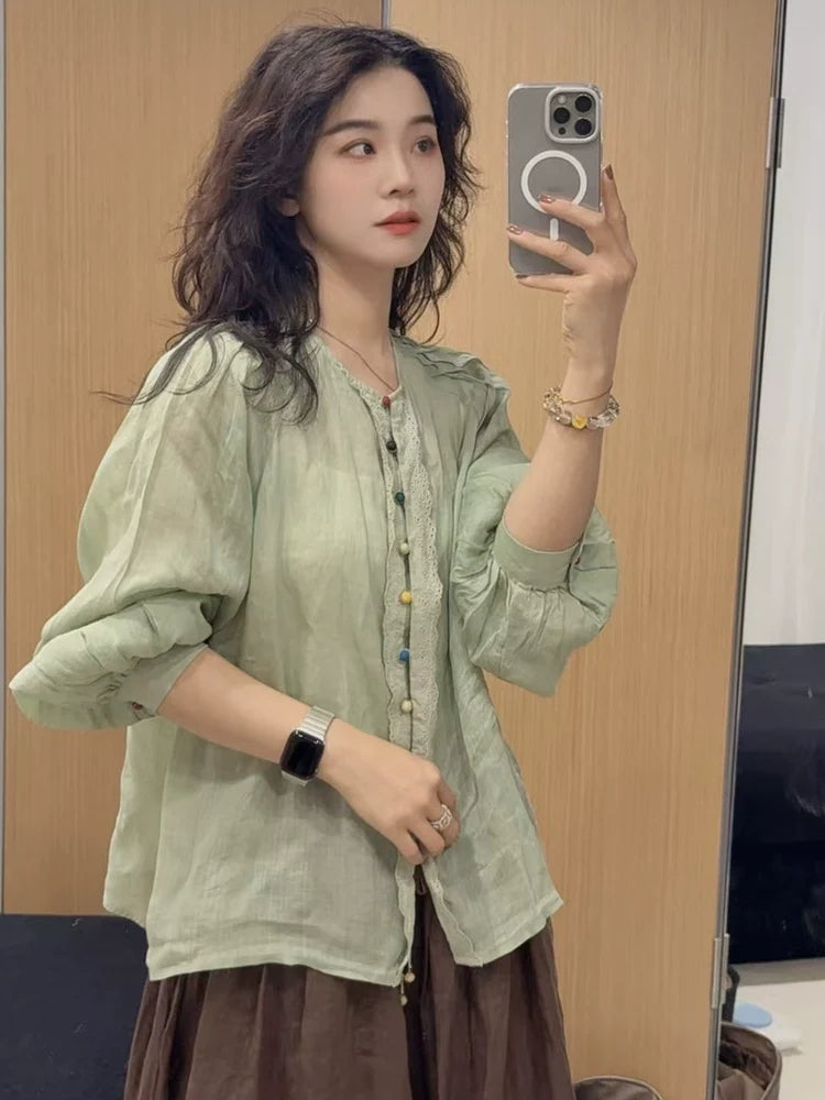 Summer Ramie Floral Lace Single-Breasted Puffed Sleeves Top