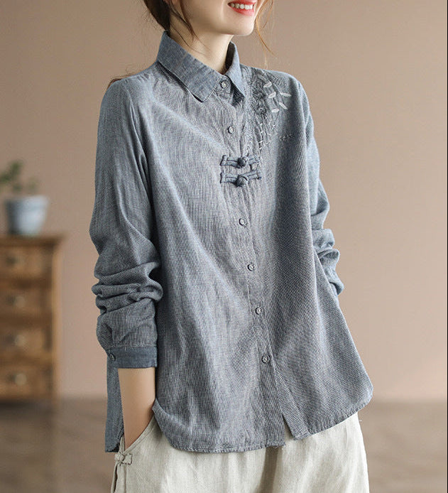 Women's Spring Loose Houndstooth Embroidered Cotton Linen Shirt