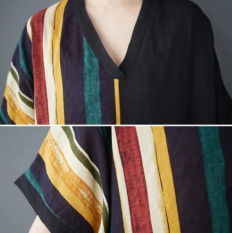 Women Summer Retro Cotton-Linen V-Neck Short-Sleeve Color-Block Maxi Dress
