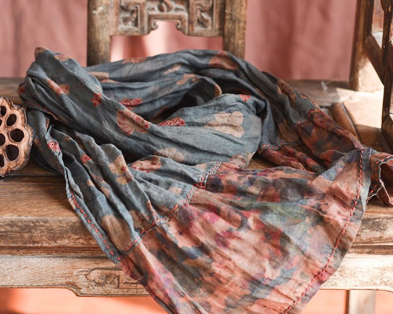 Vintage Distressed Printed Long Patchwork Ramie Scarf