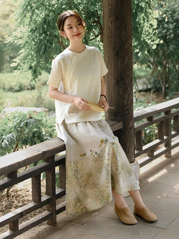 Babakud Retro Elegant Linen Patchwork Elastic Waist Skirts