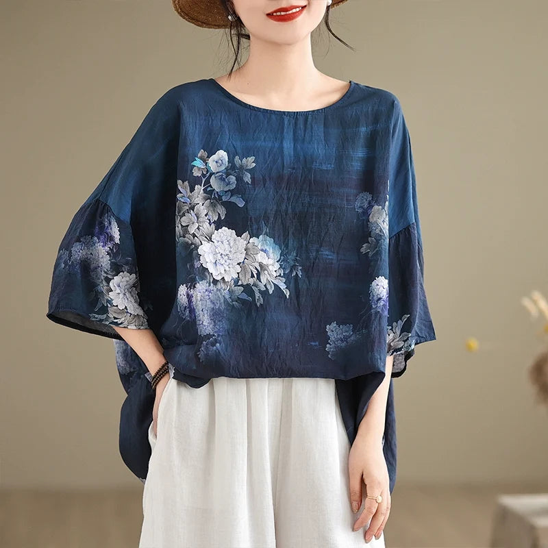 Blue Plus Size Bat Sleeves Round Neck Cotton Linen T-Shirt