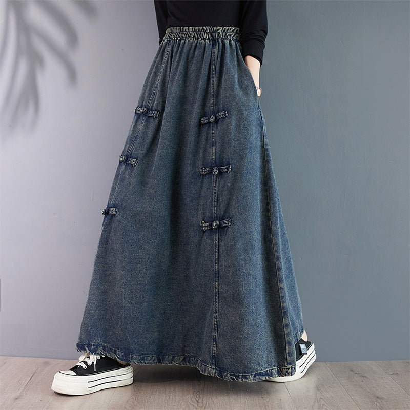 Vintage Elastic Waist Buttoned Denim A-Line Skirt