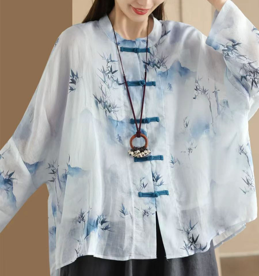 Ladies Vintage Printed Ramie Shirt Chinese Style Elegant Jacket