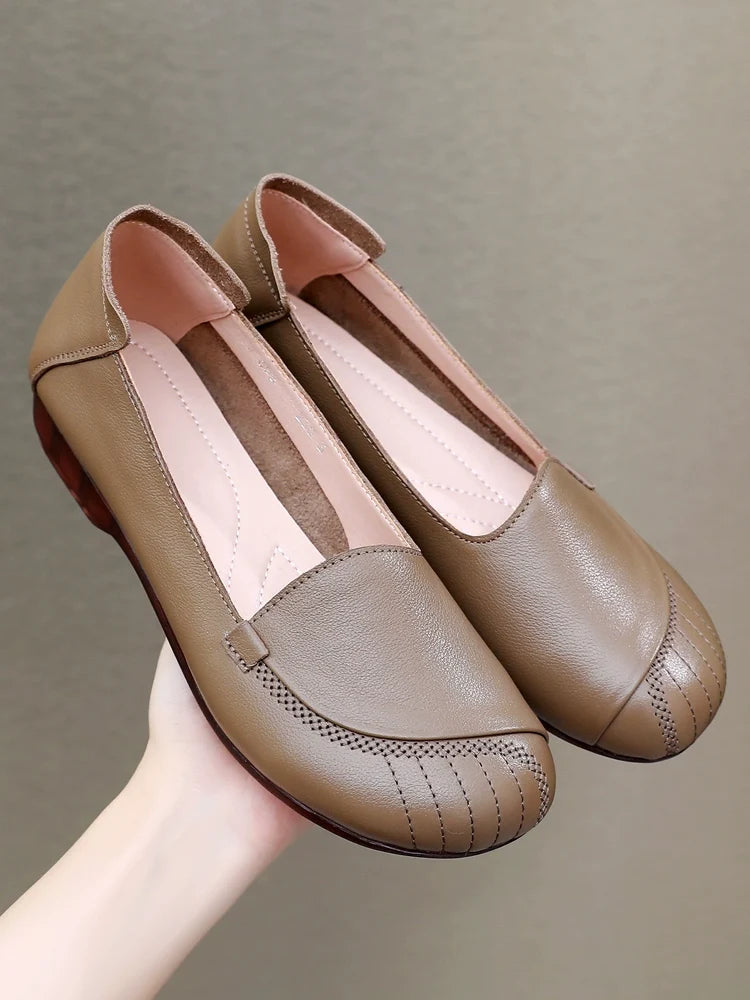 Summer Retro Top Leather Super Soft Sole  Shallow Slip-On Shoes
