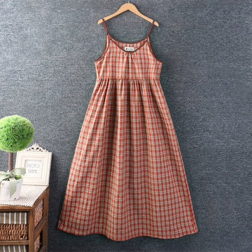 Summer Retro Cotton Linen Casual Plaid Sleeveless Dress