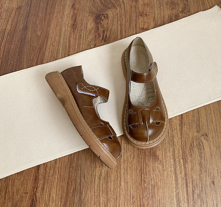 Spring Retro Soft Sole Round Toe Leather Sandals for Women