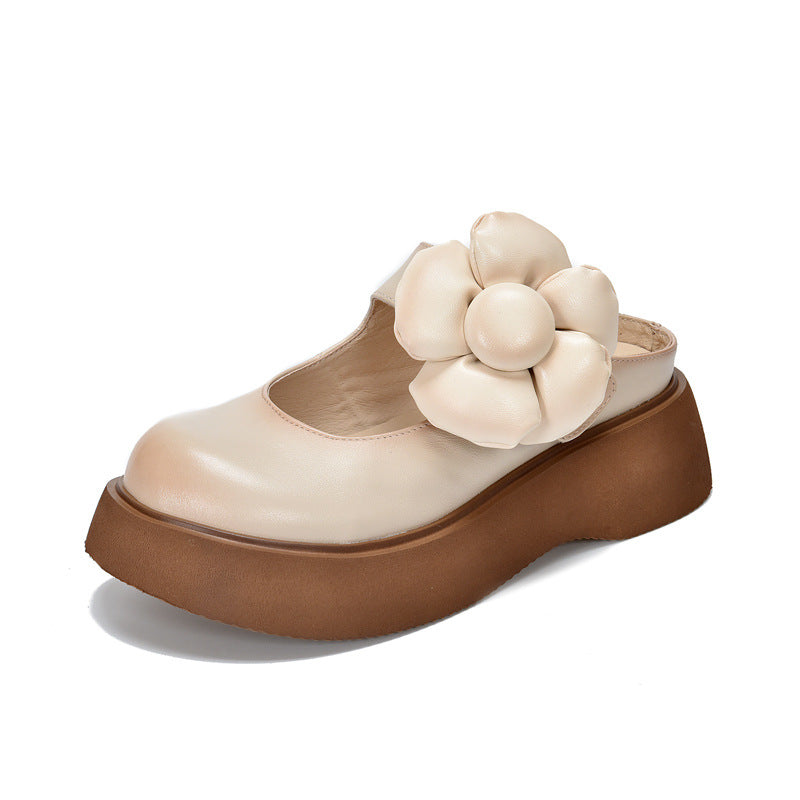 Summer Leather Closed Toe Soft Thick Sole Removable Floral Slippers