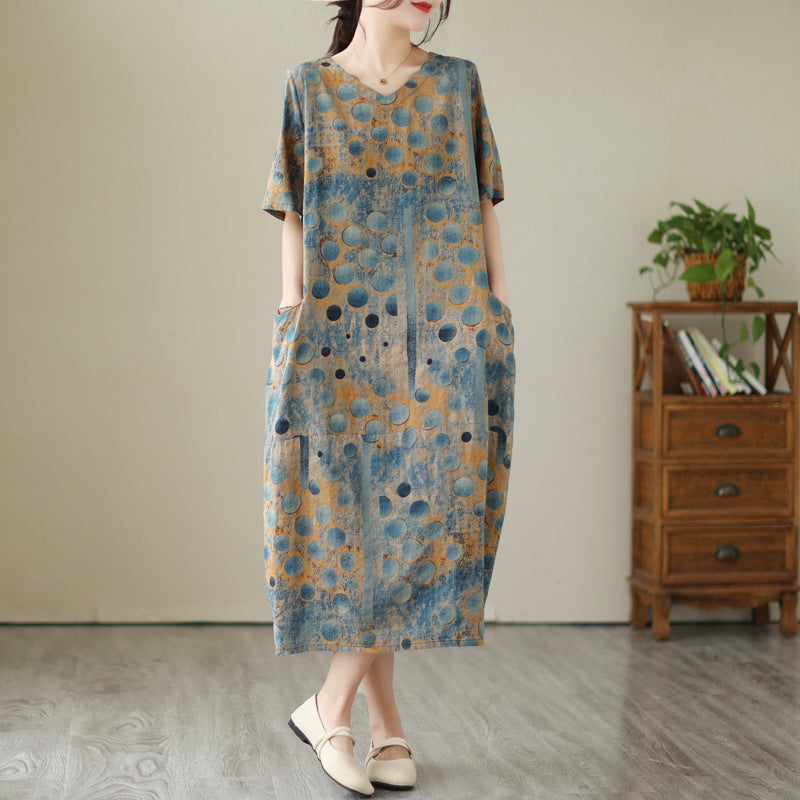Summer Retro Cotton Linen Printed V-Neck Plus Size Dress