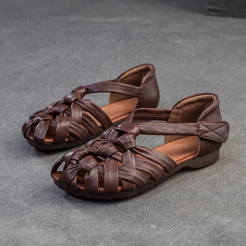Ladies Fashion Retro Leather Woven Low Heel Soft Sole Sandals