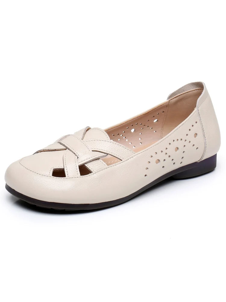 Retro Genuine Leather Cut Out Plus Size Closed Toe Flats