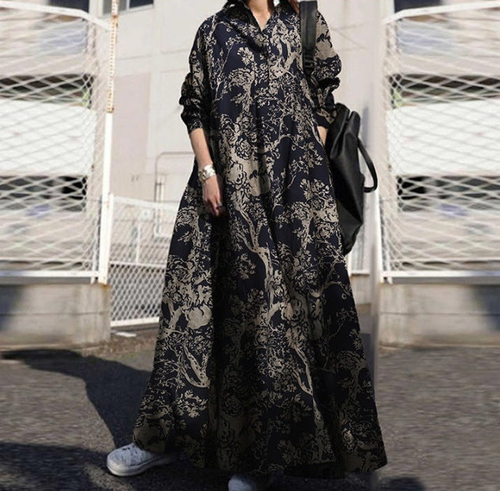 Ladies Elegant Retro Printed Loose Cotton Linen Maxi Dresses