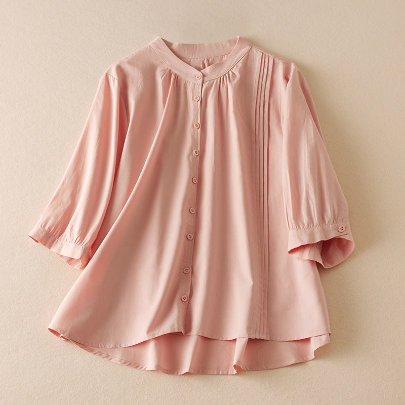 Women Autumn Retro Cotton Linen Stand Collar Loose Shirt