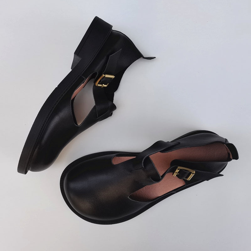 Babakud Women Spring Retro Leather Handmade Flats Chunky Shoes