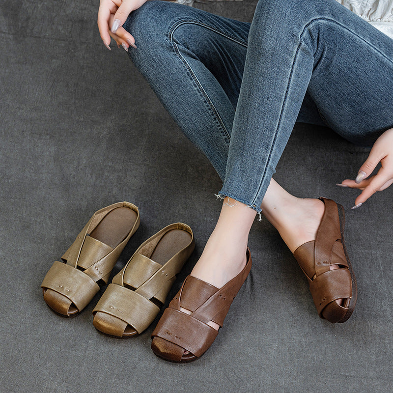 Summer Genuine Leather Thin Soft Sole Cut-Out Sandals Slippers