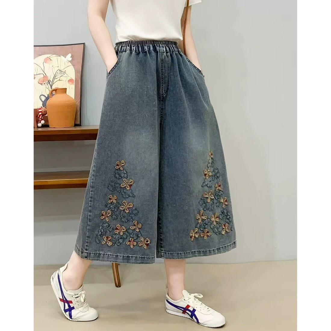 Women Retro Denim Embroidered Loose Elastic Waist Pants
