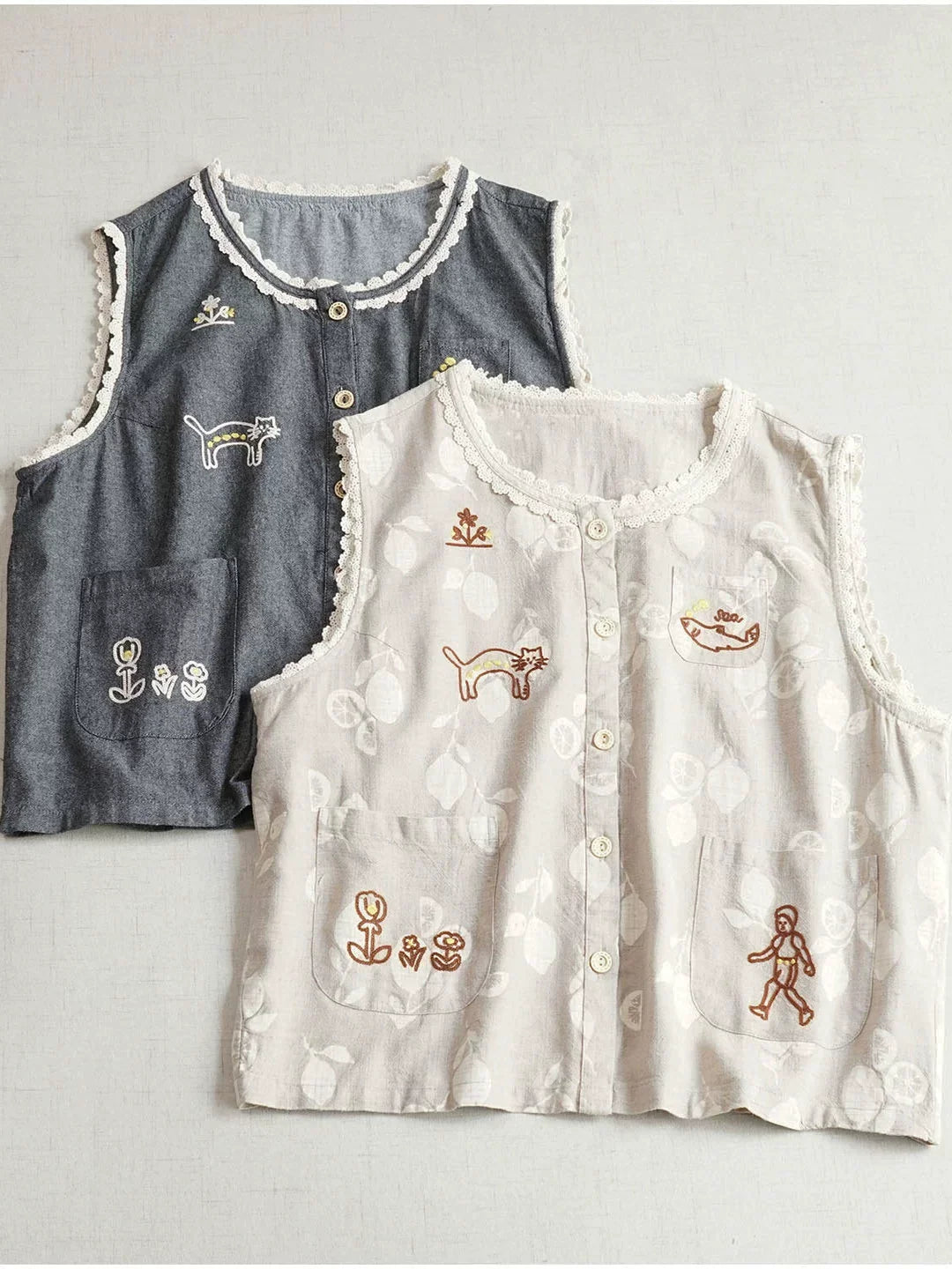 Summer Cute Cotton Round Neck Sleeveless Embroidered Vest