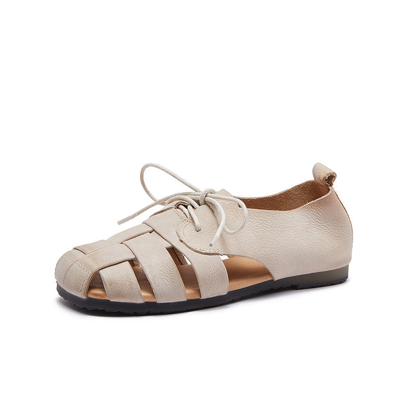 Babakud Women Summer Retro Geniune Leather Lace-Up Slip-Ons