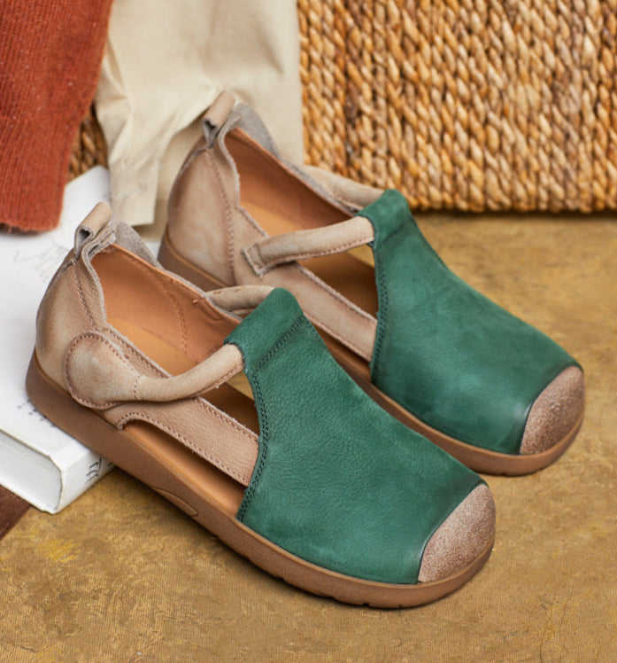 Spring Casual Color Block Velcro Genuine Leather Flats