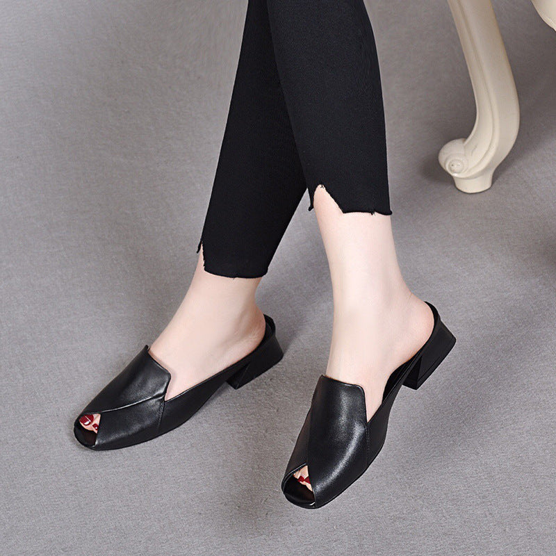 Summer Peep Toe Leather Mules for Women Closed Toe Flats