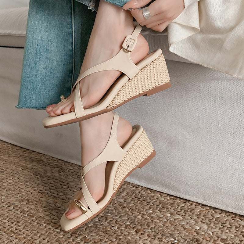 Elegant Leather Straw Platform Crossover Strap Toe-loop Sandals
