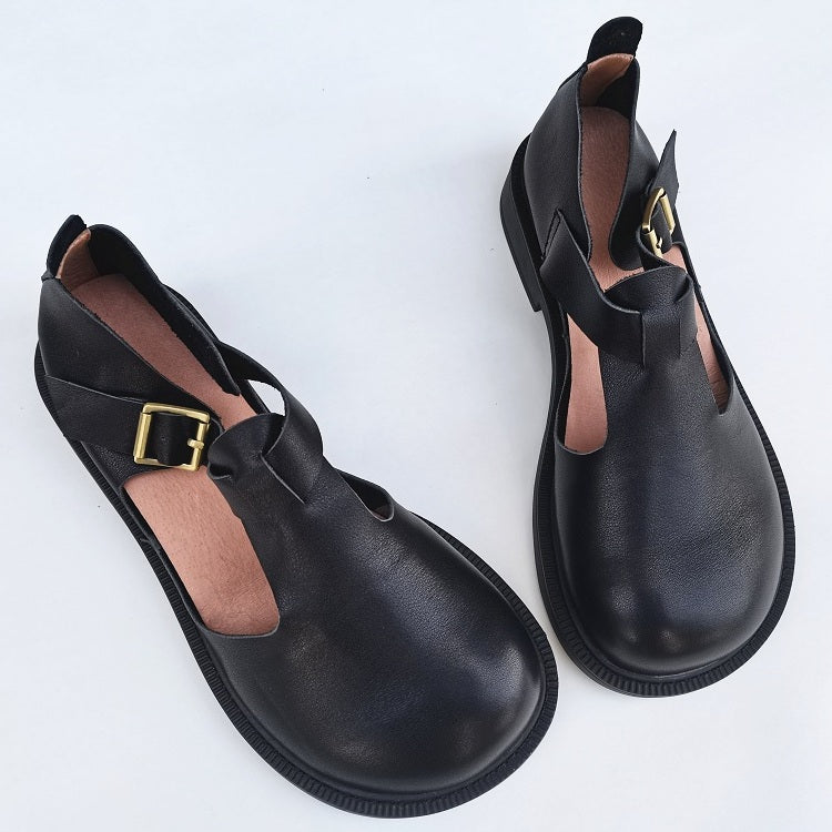Babakud Women Spring Retro Leather Handmade Flats Chunky Shoes