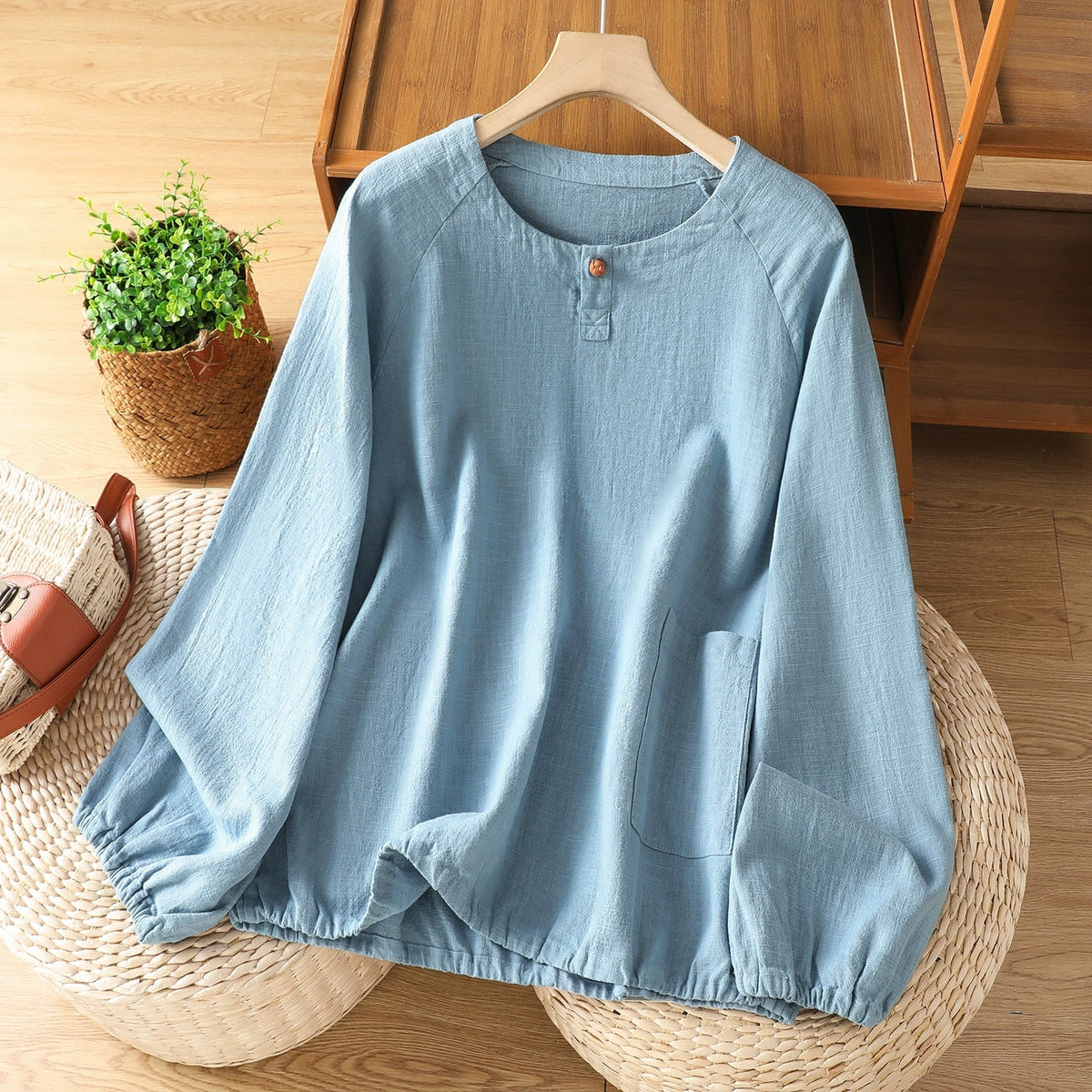 Retro Cotton Linen Round Neck Casual Lantern Sleeve Shirt