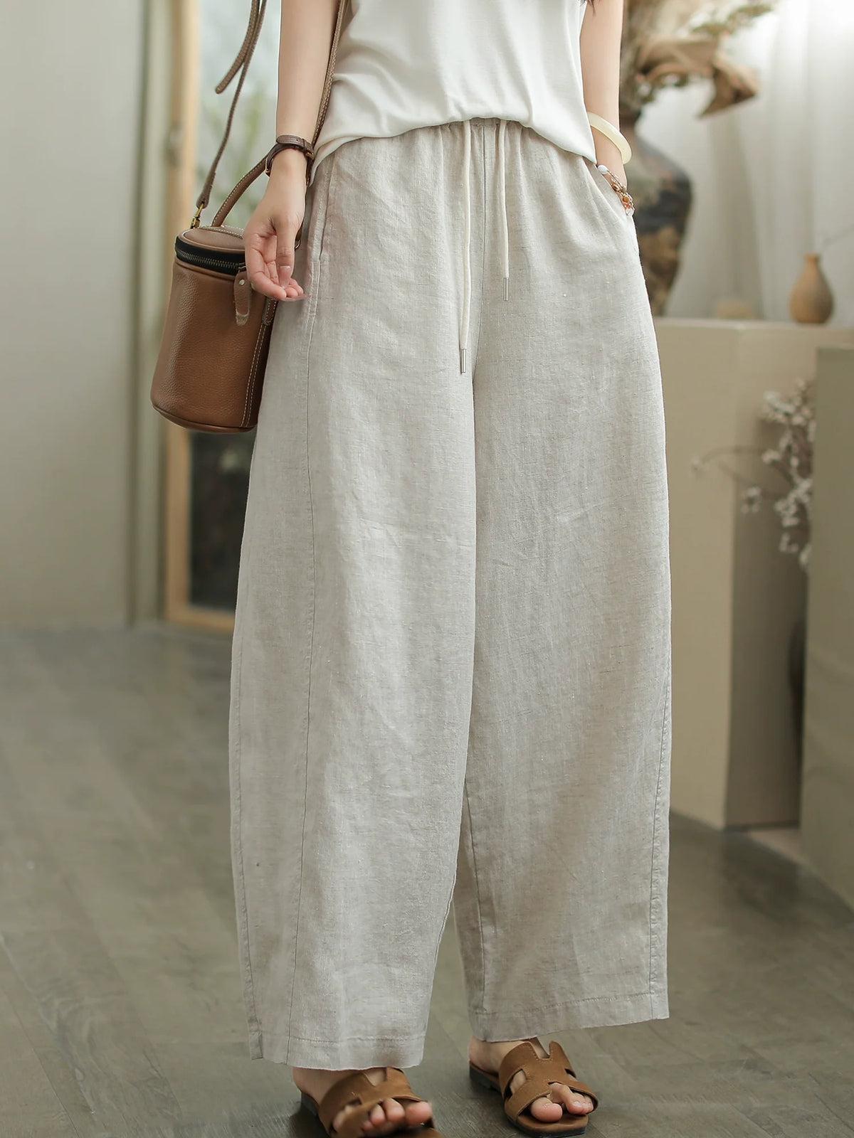 Spring Retro Linen Casual Versatile Elastic Waist Loose Pants